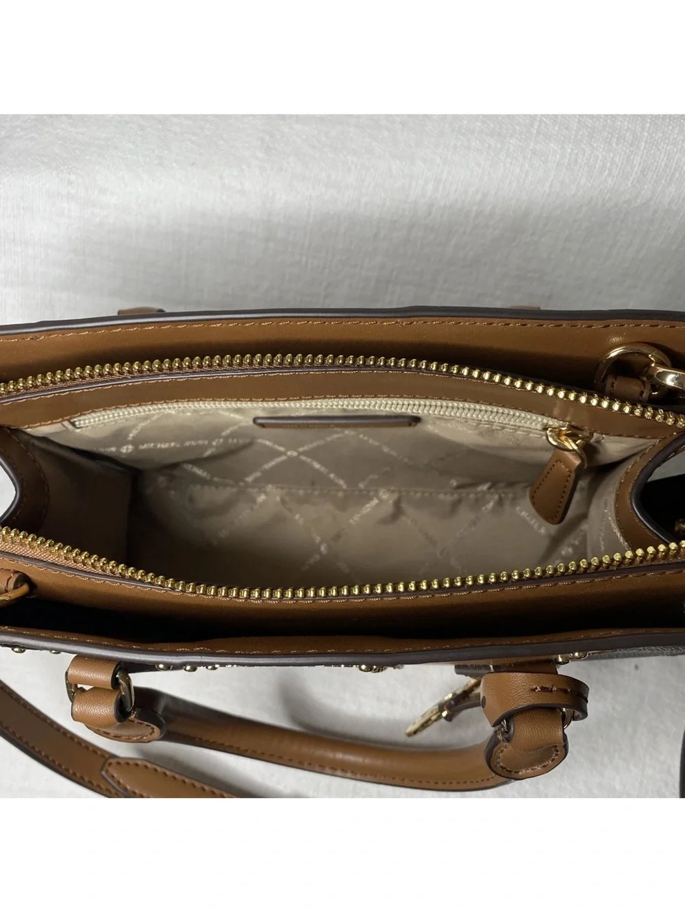 Michael Kors Tan and Brown Logo Stripe Satchel